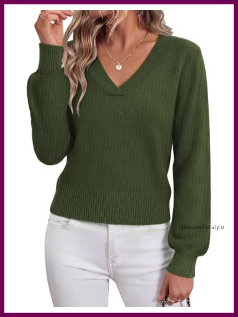 V Neck Cropped Lantern Sleeve Ribbed Knit Pullover Sweater
